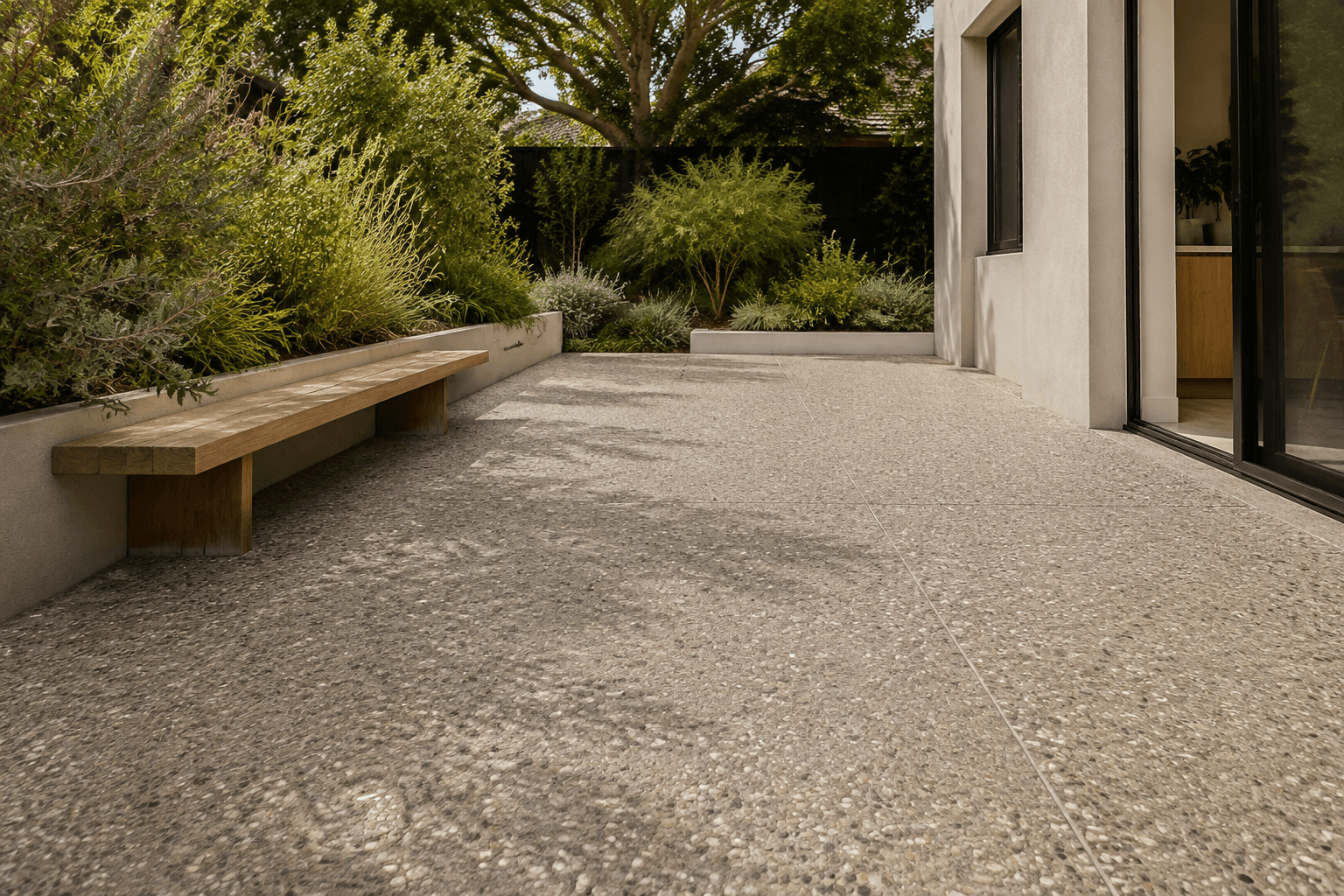 exposed-aggregate courtyard with a timber bench and layered planting