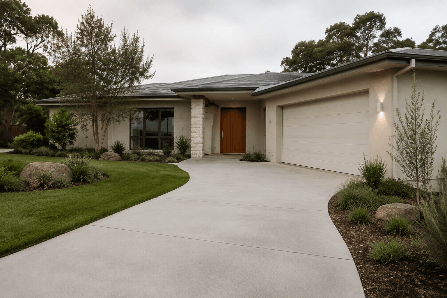 contemporary Australian home with a curved concrete driveway and native garden